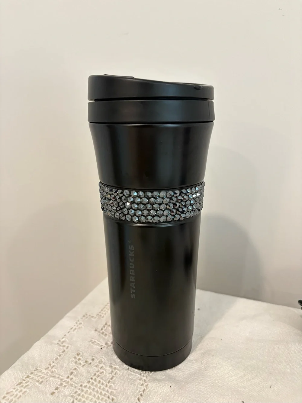 Starbucks Rare Swarovski Crystal Band Black Tumbler Travel Mug Twist Lid 16 oz